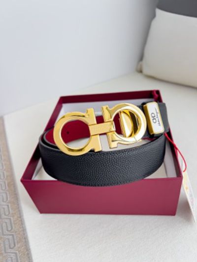 1:1 Ferragamo  Black Leather Belt Bull Skin Ball Pattern with Gold Logo buckle Hanging  Buckle 3.5cm